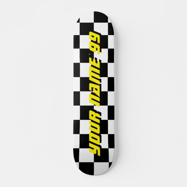 Chequered racing flag custom name skateboard deck (Front)