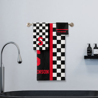 Chequered Racing Stripe Black and Red Bath Towel Set