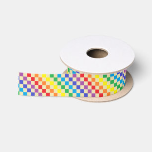 Chequered Rainbow Beige Satin Ribbon