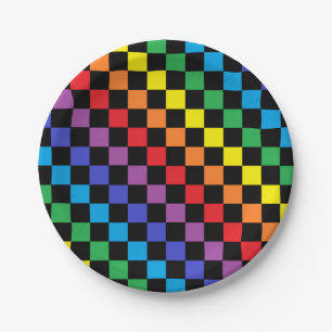Chequered Rainbow Black Paper Plate