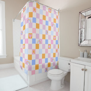 Chequered Rainbow Boho Peace Love Shower Curtain