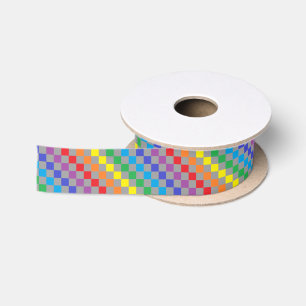 Chequered Rainbow Grey Satin Ribbon