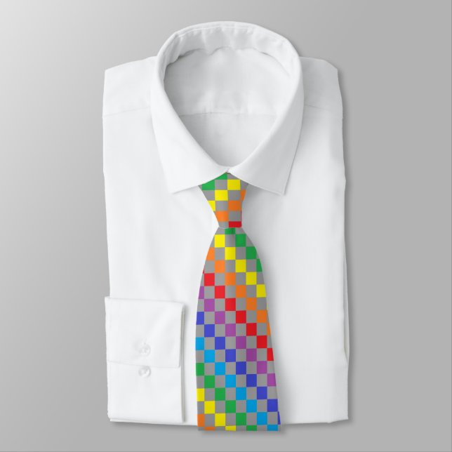 Chequered Rainbow Grey Tie (Tied)