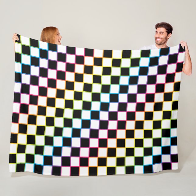 Chequered Rainbow white Fleece Blanket (In Situ)