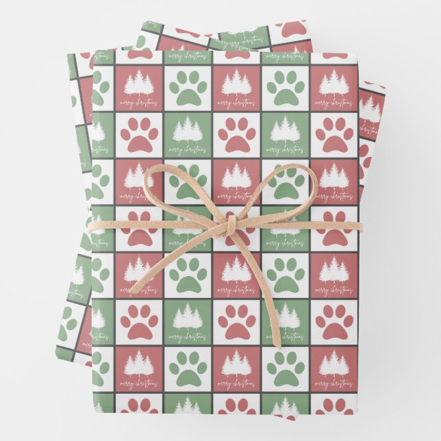 Chequered Red and Green paw print Christmas Tree Wrapping Paper Sheet (In situ)
