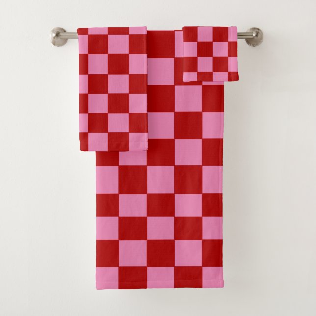 Chequered Red and Hot Pink  Bath Towel Set (Insitu)