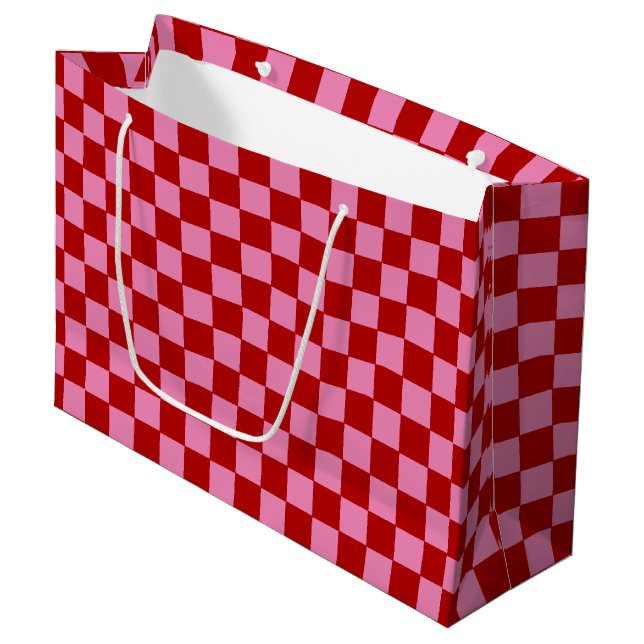 Chequered Red and Hot Pink  Large Gift Bag (Front Angled)