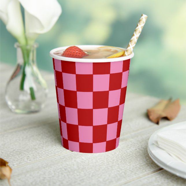 Chequered Red and Hot Pink  Paper Cups (Insitu)
