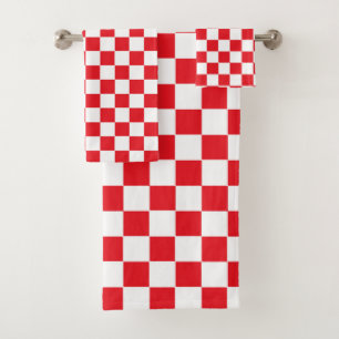 Chequered Red and White Bath Towel Set