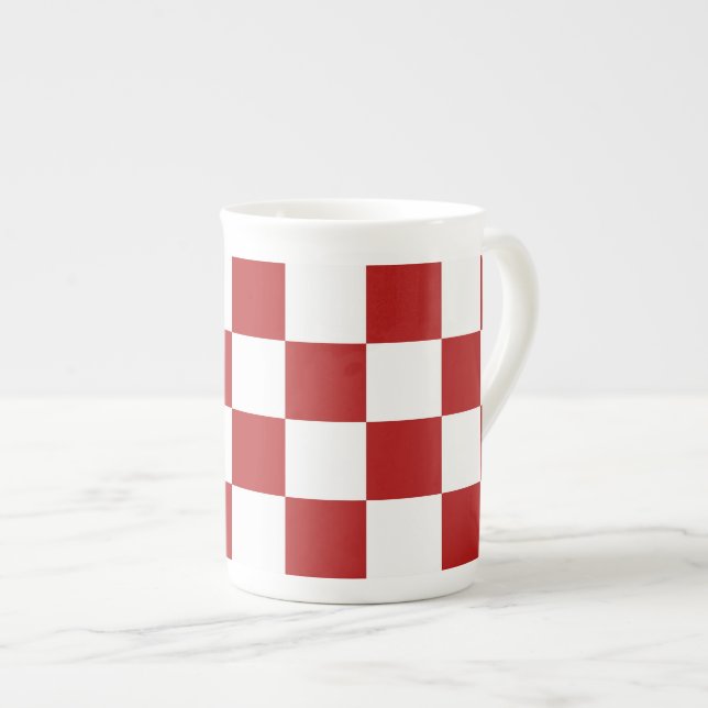 Chequered Red and White Bone China Mug (Front Right)