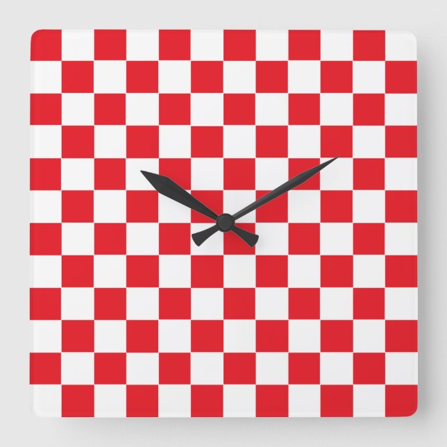 Chequered Red and White Square Wall Clock (Front)