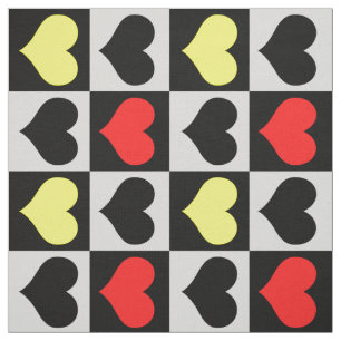 Chequered Red Yellow Black Hearts Love Fabric