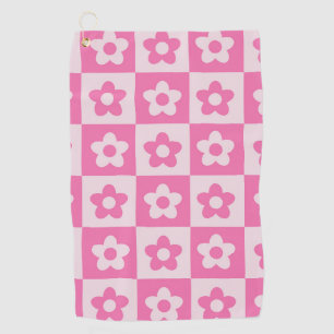 Chequered Retro Flowers Hot Pink and White Golf Towel