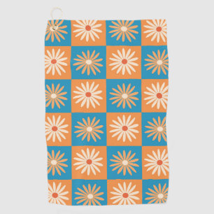 Chequered Retro Flowers on Blue and Orange  Golf Towel