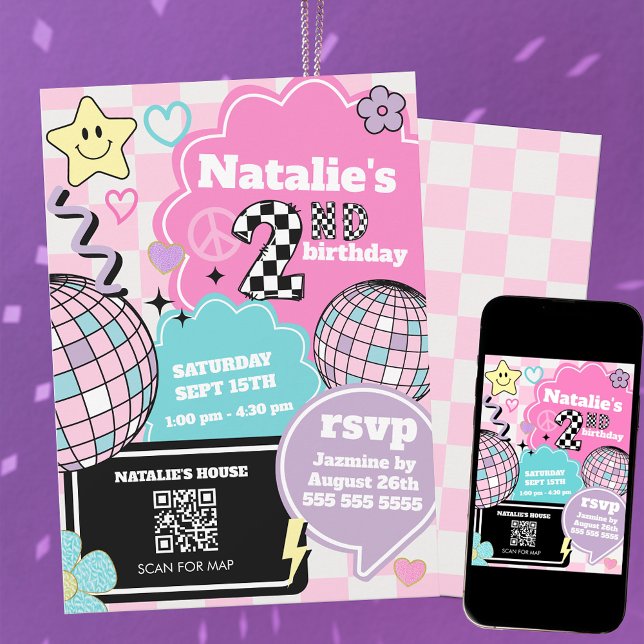 Chequered Retro Groovy Disco 2nd Birthday Party Invitation (Creator Uploaded)