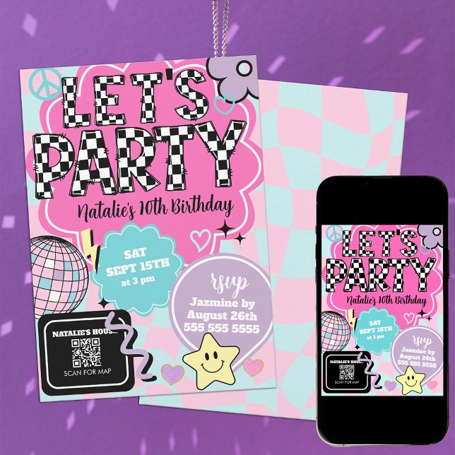 Chequered Retro Groovy Disco Let's Party Birthday Invitation (Creator Uploaded)