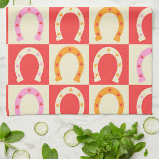 Chequered Retro Horseshoe in Orange red and Pink  Kitchen Towel