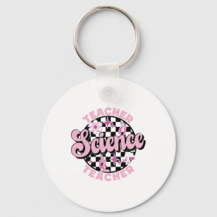 Chequered Retro Pink Back To School Science Teache Keychain