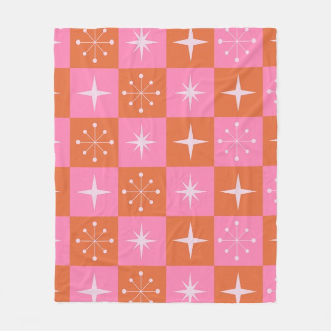 Chequered Retro stars pattern pink orange    Fleece Blanket (Front)
