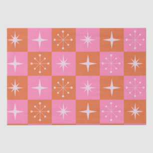Chequered Retro stars pattern pink orange Tissue Paper