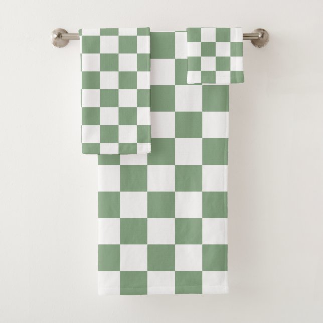 Chequered Sage Green and White Bath Towel Set (Insitu)