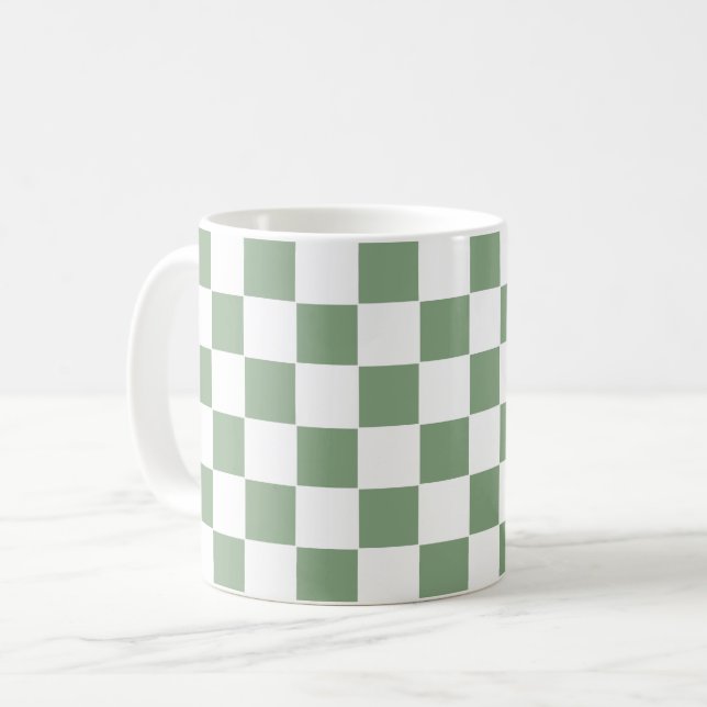 Chequered Sage Green and White Coffee Mug (Front Left)