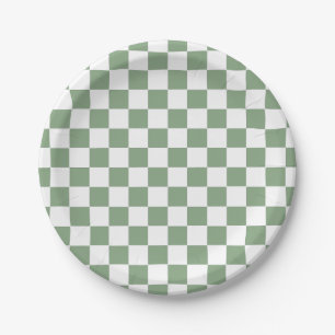 Chequered Sage Green and White Paper Plate