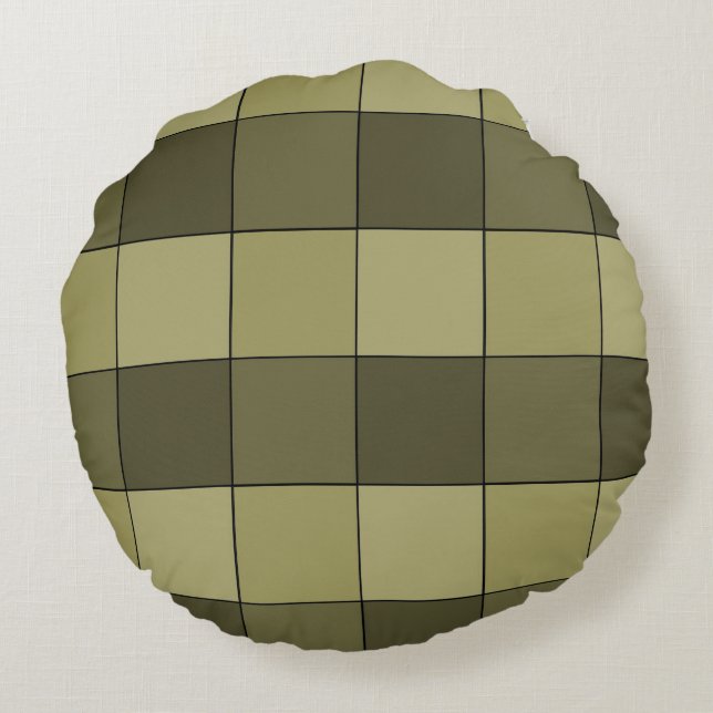 Chequered Shades of Khaki Squares Pattern Round Pillow (Back)