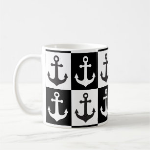 Chequered Ship Anchor Pattern - Black and White Coffee Mug