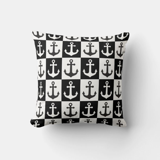 Chequered Ship Anchor Pattern - Black and White Throw Pillow (Front)