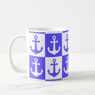 Chequered Ship Anchor Pattern - Ocean Blue  Coffee Mug