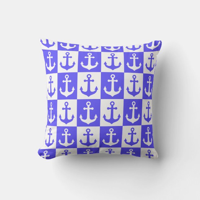 Chequered Ship Anchor Pattern - Ocean Blue Throw Pillow (Front)