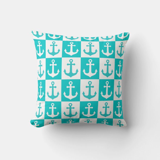Chequered Ship Anchor Pattern - Ocean Blue  Throw Pillow (Front)