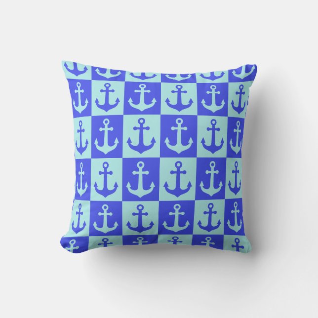 Chequered Ship Anchor Pattern - Ocean Blue Tones Throw Pillow (Front)