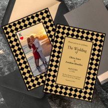 Chequered Simple Modern Black Gold Wedding