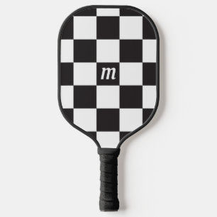 Chequered Skater Black and White Monogram Pickleball Paddle
