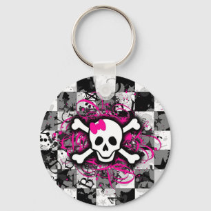 Chequered Skull With Hot Pink Splatter Keychain