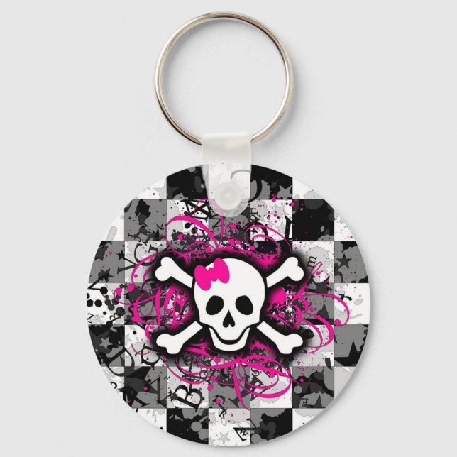 Chequered Skull With Hot Pink Splatter Keychain (Front)