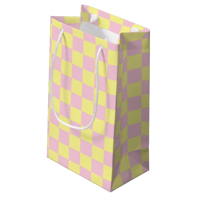 Chequered Soft Pink and Yellow Small Gift Bag (Back Angled)