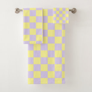 Chequered Soft Yellow and Purple Bath Towel Set