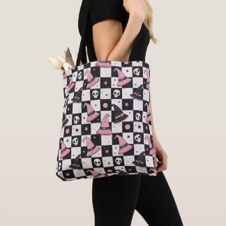 Chequered Spooky Witch Hat & Skulls Tote Bag