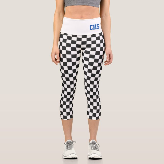 Chequered Sports Team Colours School Initials Fun Capri Leggings (Front)
