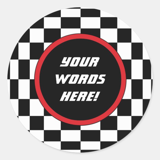 Chequered Square Custom Text Classic Round Sticker (Front)