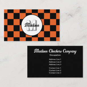 Chequered squares black and orange retro Monogram Business Card