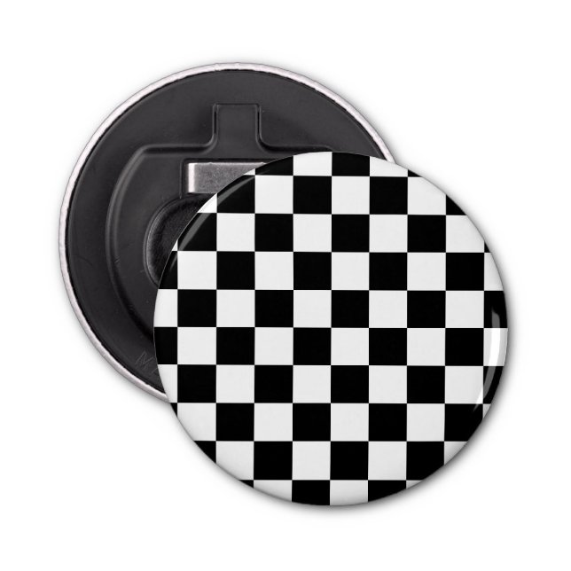 Chequered squares black and white geometric retro bottle opener (Front)