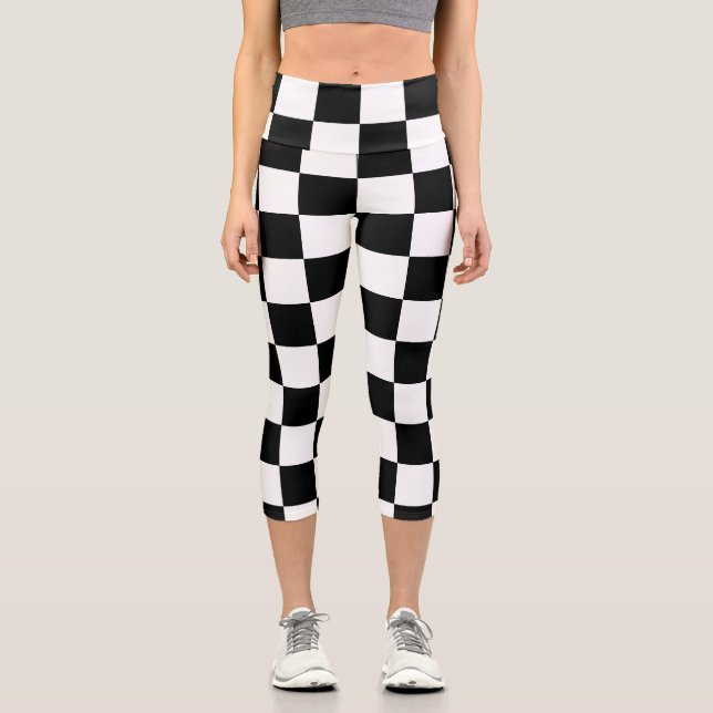 Chequered squares black and white geometric retro  capri leggings (Front)