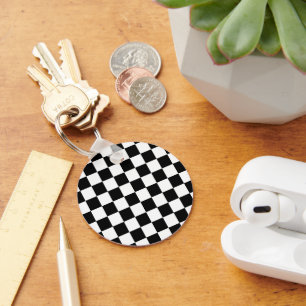 Chequered squares black and white geometric retro keychain