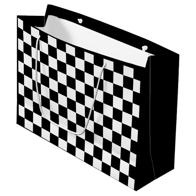 Chequered squares black and white geometric retro large gift bag (Front Angled)