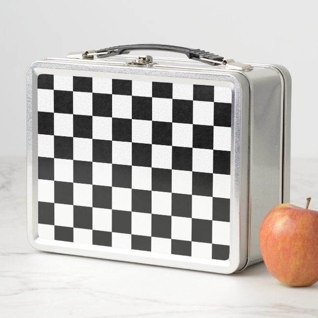 Chequered squares black and white geometric retro metal lunch box (In Situ)