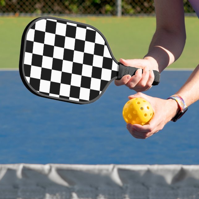 Chequered squares black and white geometric retro pickleball paddle (Insitu)